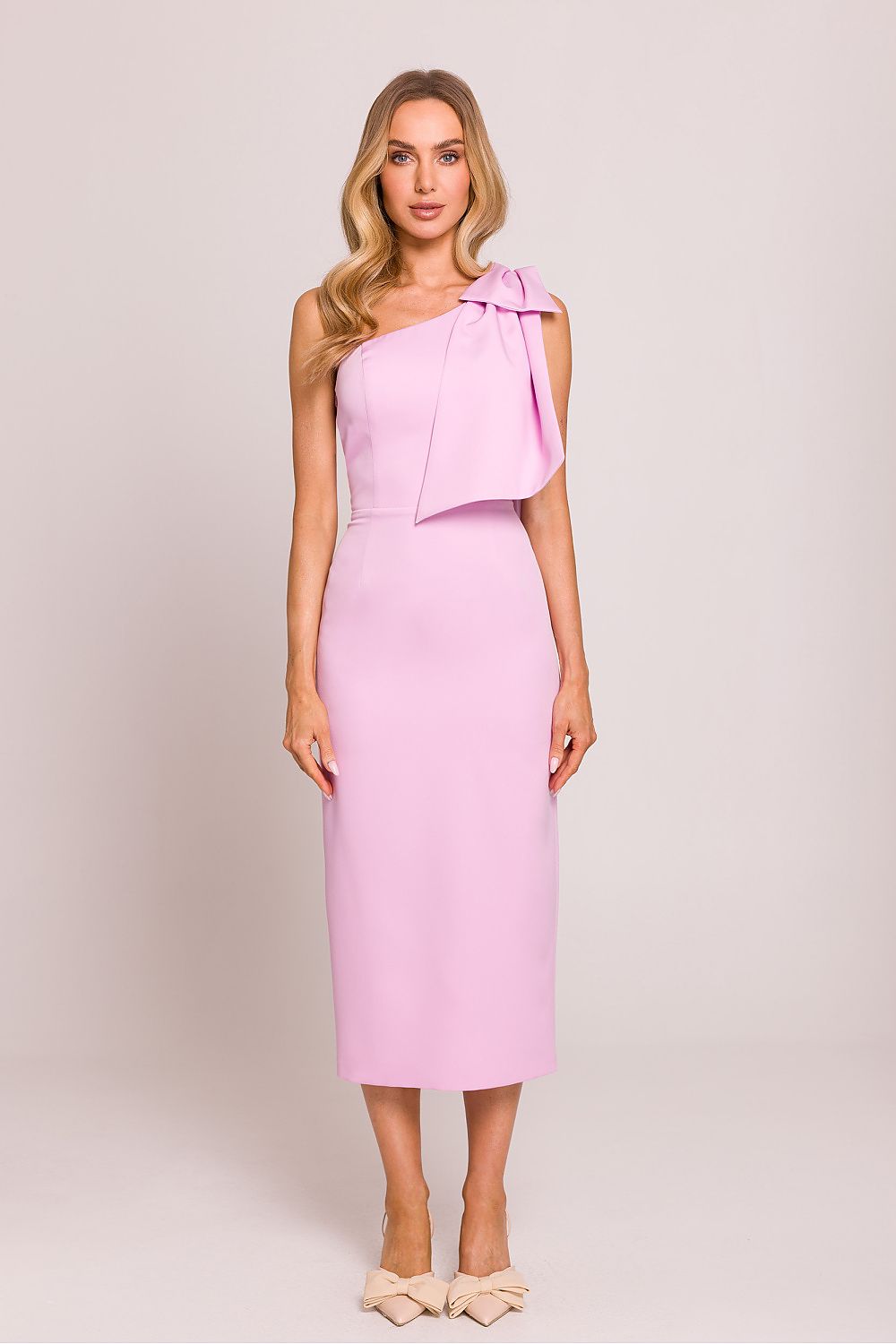 Moe Clara Asymmetrical One-Shoulder Pencil Midi Dress with Bow Accent pink