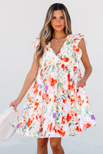 Multicolour Floral Ruffle Sleeve V Neckline Mini Summer Dress Pink 100% Polyester
