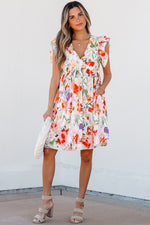 Multicolour Floral Ruffle Sleeve V Neckline Mini Summer Dress