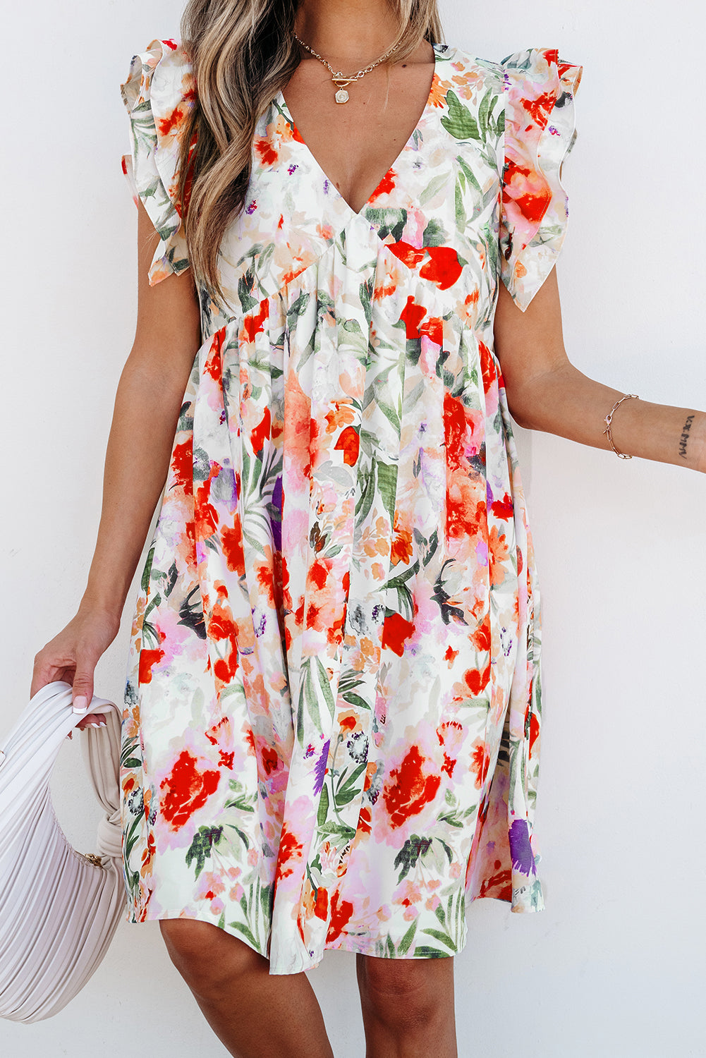 Multicolour Floral Ruffle Sleeve V Neckline Mini Summer Dress