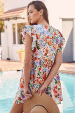Multicolour Floral Ruffle Sleeve V Neckline Mini Summer Dress