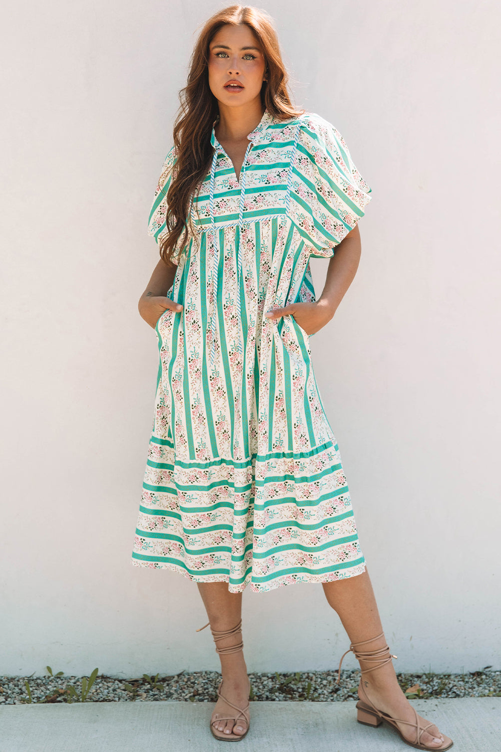 Multicolour Green Striped Floral Print Tie Split Neck Puff Sleeve Midi Dress Multicolour 100%Polyester