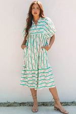 Multicolour Green Striped Floral Print Tie Split Neck Puff Sleeve Midi Dress Multicolour 100%Polyester