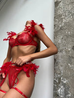 MUSE Red Lace & Feathers 3 Piece Lingerie Set