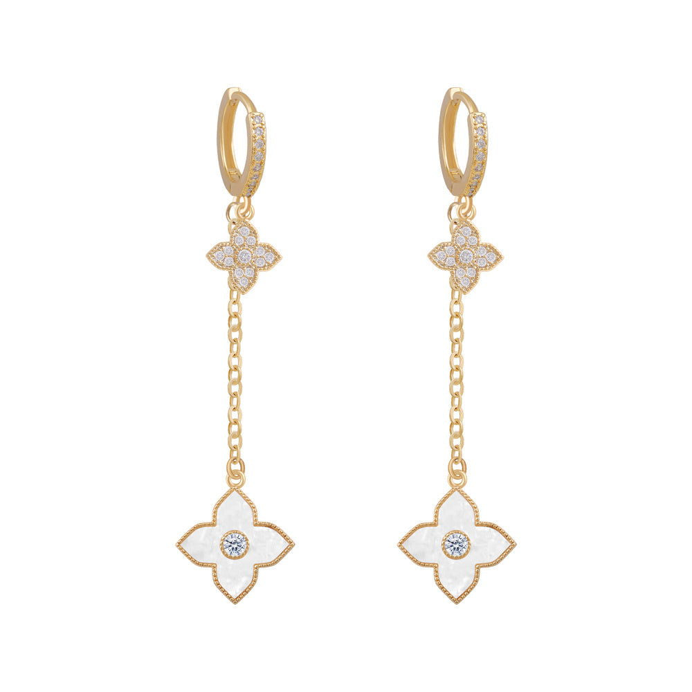 Natalya Clover Shape Long Drop Earrings | 4 Colours Gold White