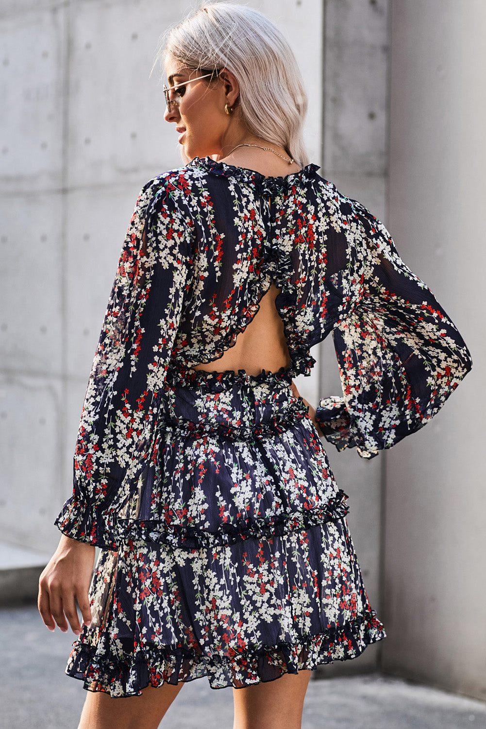 Navy Blue Ruffle Detailing Open Back Floral Dress