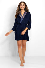 Navy Blue Viscose Bathrobe with Lace Neckline | Momenti Per Me