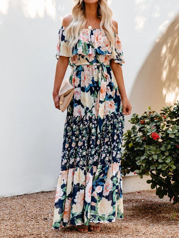 New one-shoulder printed long swing dress Dark Blue