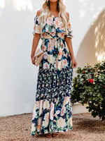 New one-shoulder printed long swing dress Dark Blue