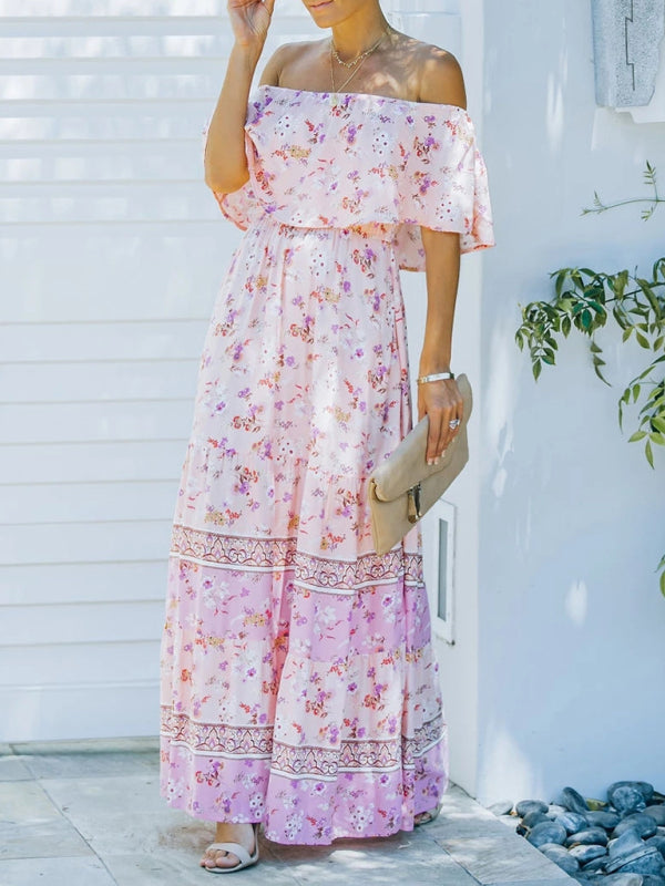 New one-shoulder printed long swing dress Pink
