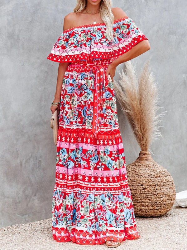 New one-shoulder printed long swing dress Red