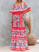 New one-shoulder printed long swing dress Red