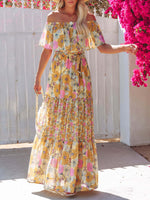 New one-shoulder printed long swing dress Yellow