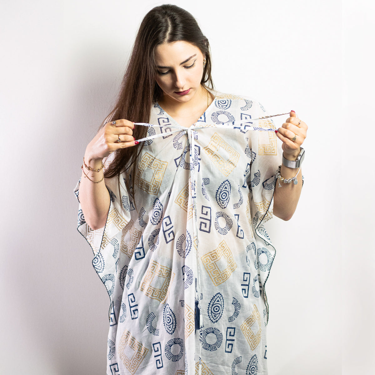 Nomad Sari On the Med Gold & Blue Greek Motif Kaftan - Hand-Painted Coastal Splendour