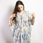 Nomad Sari On the Med Gold & Blue Greek Motif Kaftan - Hand-Painted Coastal Splendour