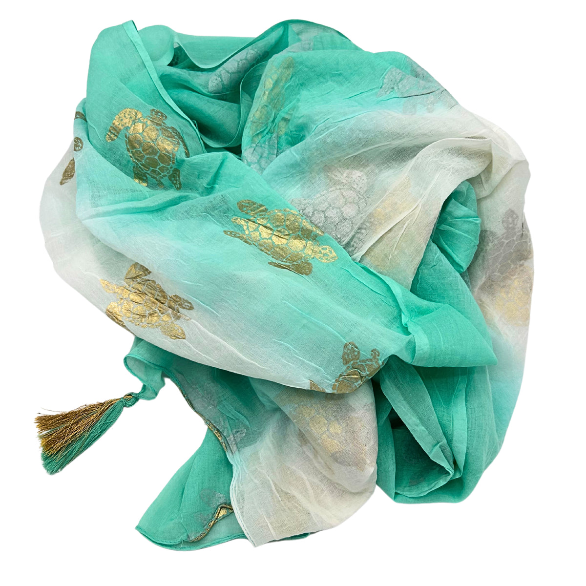 Nomad Sari On the Med White & Turquoise Gold Turtle Sarong - Hand-Painted Marine Grace