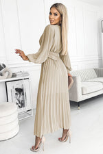 Numoco Beige Chiffon Pleated Long Sleeve Dress with Belt