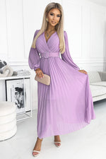 Numoco Beige Chiffon Pleated Long Sleeve Dress with Belt violet one-size-fits-all