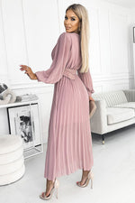 Numoco Beige Chiffon Pleated Long Sleeve Dress with Belt