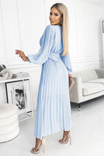 Numoco Beige Chiffon Pleated Long Sleeve Dress with Belt