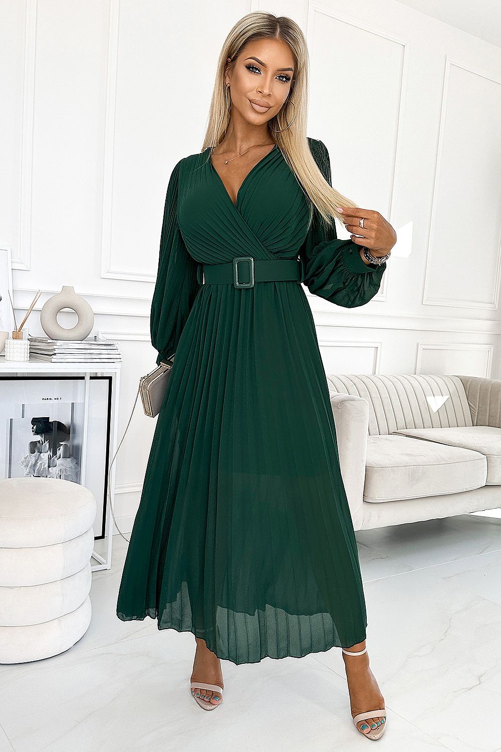 Numoco Beige Chiffon Pleated Long Sleeve Dress with Belt green one-size-fits-all