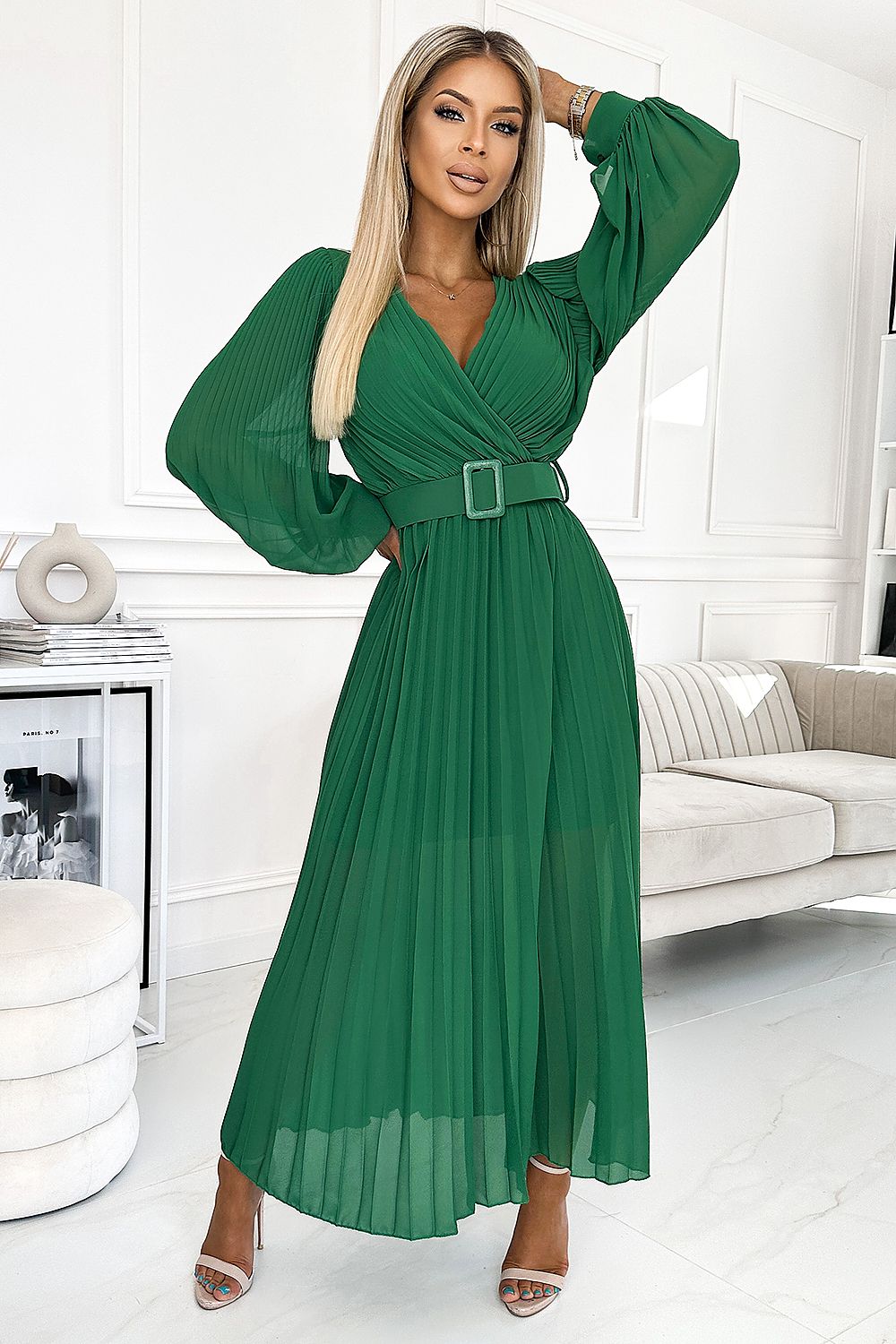 Numoco Beige Chiffon Pleated Long Sleeve Dress with Belt green 2 one-size-fits-all