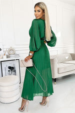 Numoco Beige Chiffon Pleated Long Sleeve Dress with Belt
