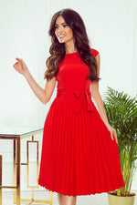 Numoco Pleated Short Sleeve Dress with Belt red