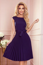 Numoco Pleated Short Sleeve Dress with Belt navy blue
