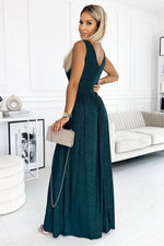 Numoco Bottle Green Brocade Maxi Dress with Deep Neckline and Leg Slit