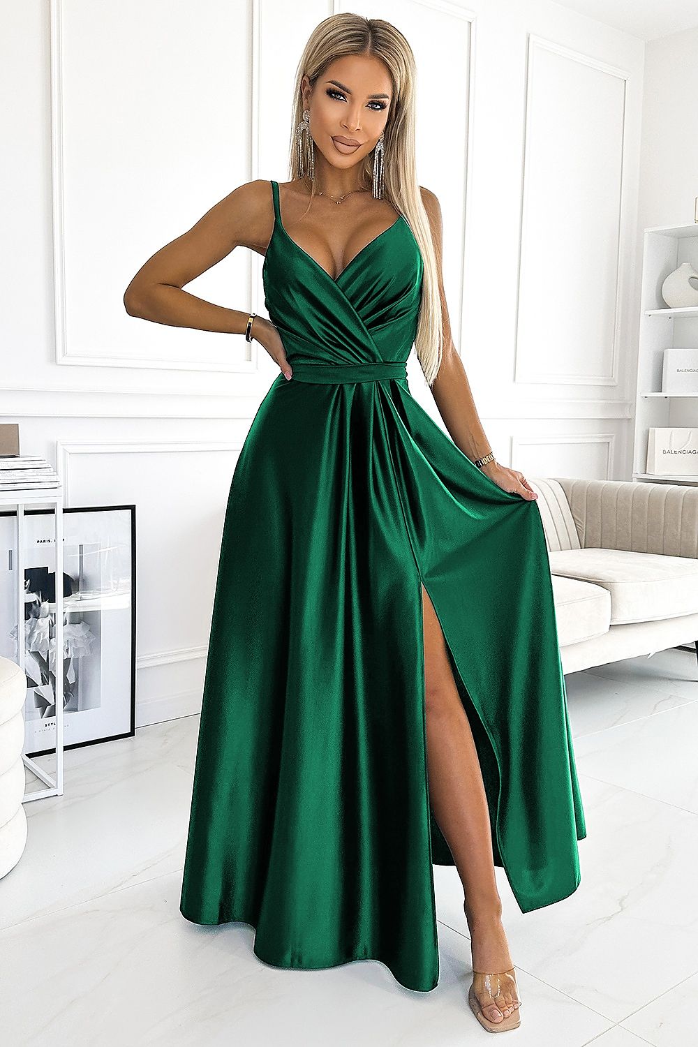 Numoco Elegant Satin Maxi Dress with Leg Slit green