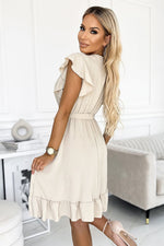Numoco Envelope Neckline Cocktail Dress with Ruffles and Waist Tie