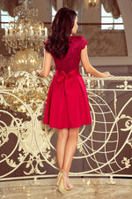 Numoco Flared Evening Dress with Ruffled Neckline and Lace