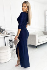 Numoco Glitter Maxi Dress with Envelope Neckline and Leg Slit