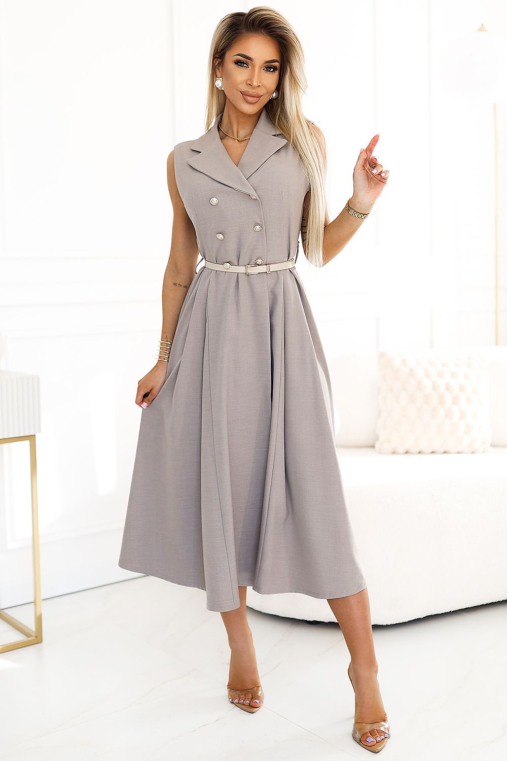 Numoco Midi Flared Sleeveless Dress with Belt grey one-size-fits-all