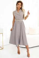 Numoco Midi Flared Sleeveless Dress with Belt grey one-size-fits-all