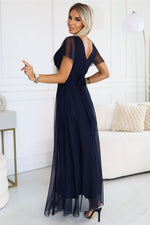 Numoco Nastia Navy Tulle Short Sleeve Long Dress