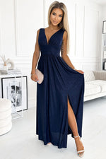 Numoco Brocade Slit Leg Long Dress navy blue
