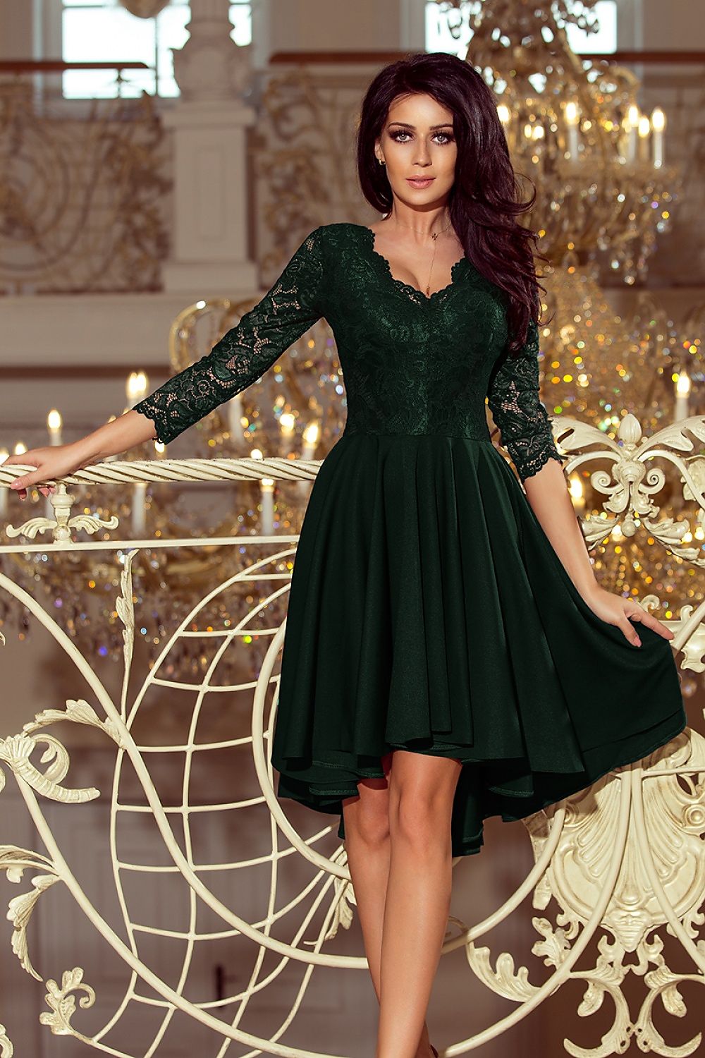 Numoco Nicolle Lace Asymmetrical 3/4 Sleeve Dress green