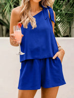 One-shoulder Bow Top Wide-leg Elastic Waist Shorts & Top Co-ord Set Blue