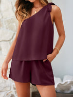 One-shoulder Bow Top Wide-leg Elastic Waist Shorts & Top Co-ord Set Wine Red