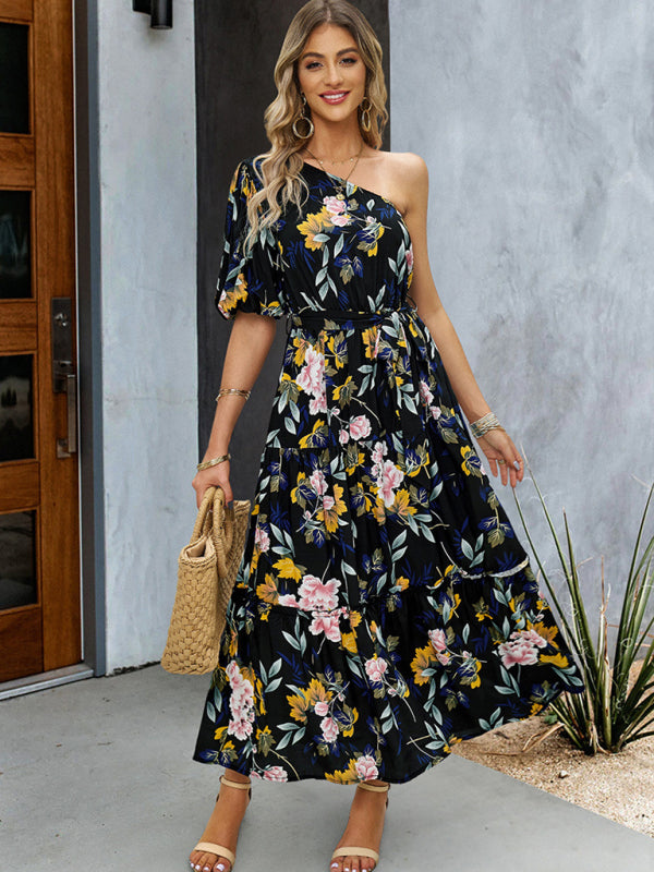One Shoulder Printed Colourful Elegant Maxi Summer Dress Black