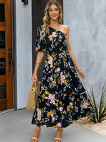 One Shoulder Printed Colourful Elegant Maxi Summer Dress Black