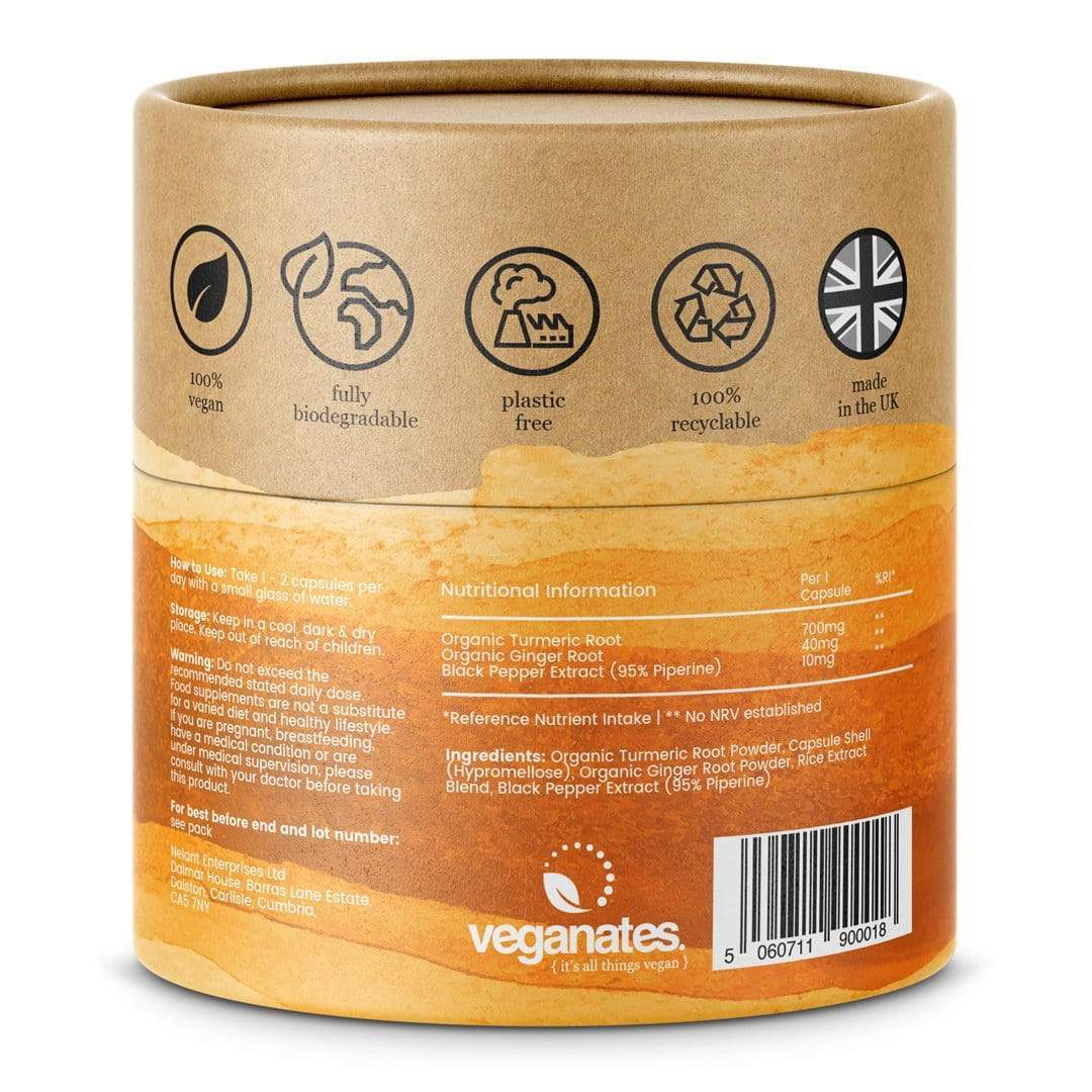 Organic Vegan Turmeric Curcumin & Ginger Supplement with Black Pepper in Plastic Free Biodegradable Tub