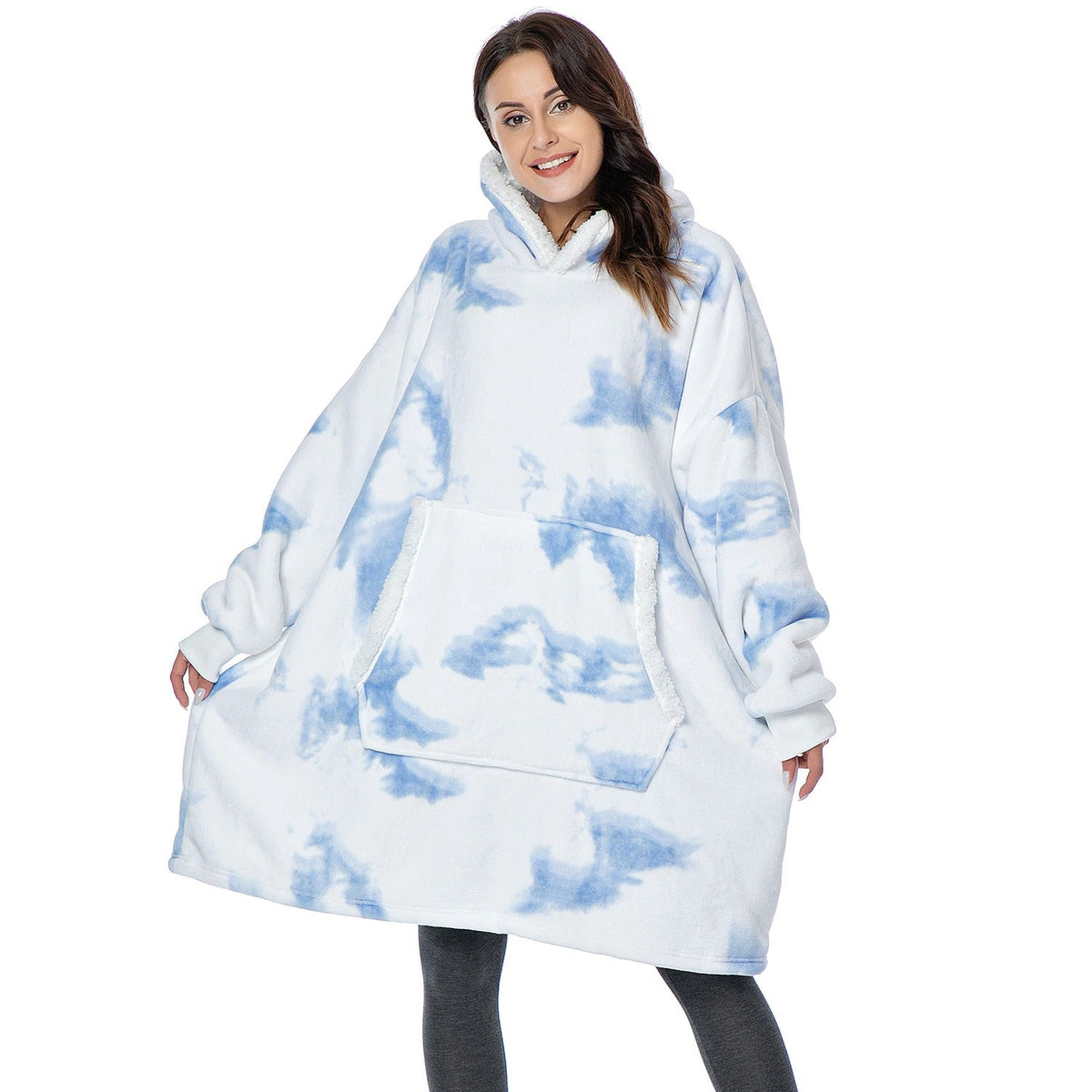 Oversized Hoodie Fleece Blanket with Sleeves | One Size One Size White with Blue patches