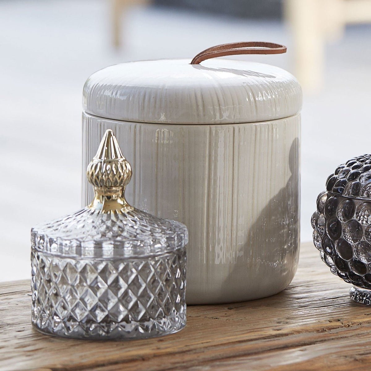 Pale Grey Pressed Glass Jar Set Of Two