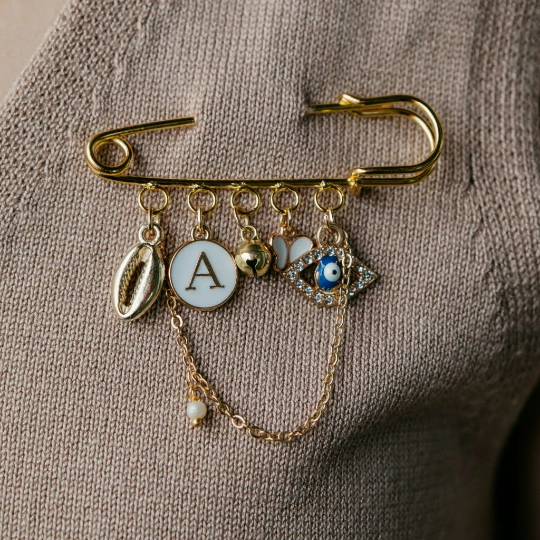 Personalised Initial Chain Charm Name Customised Evil Eye Cowrie Brooch Pin Need Personalisation