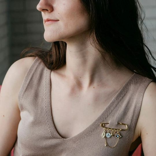 Personalised Initial Chain Charm Name Customised Evil Eye Cowrie Brooch Pin