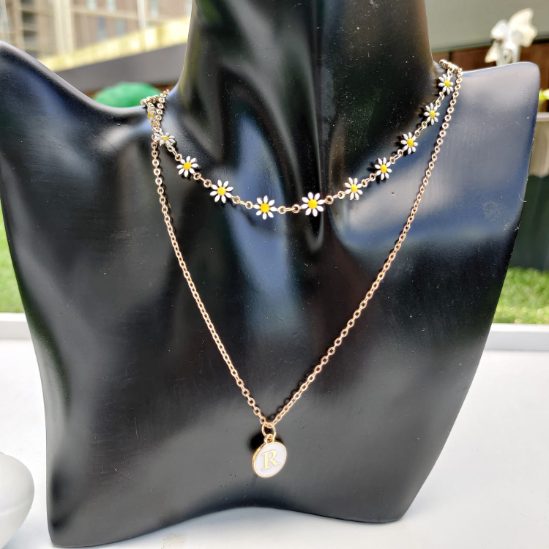 Personalised Initial White Sun Flower Charm Two Layer Pendant Choker Necklace