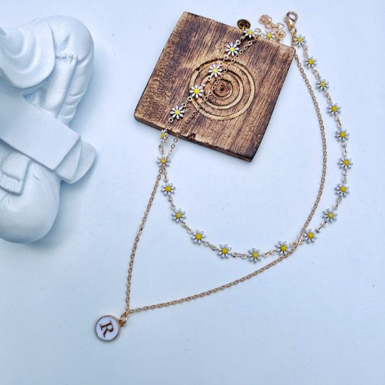 Personalised Initial White Sun Flower Charm Two Layer Pendant Choker Necklace Black